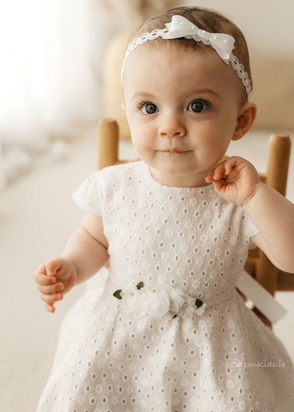 WHITE Cotton Christening Occasion Wear Dress With Flower Waist (Natalya)