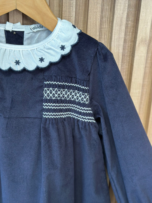Girls Navy Velvet Smocked Dress with Collar