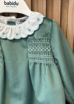 Girls Green Velvet Smocked Dress with Collar