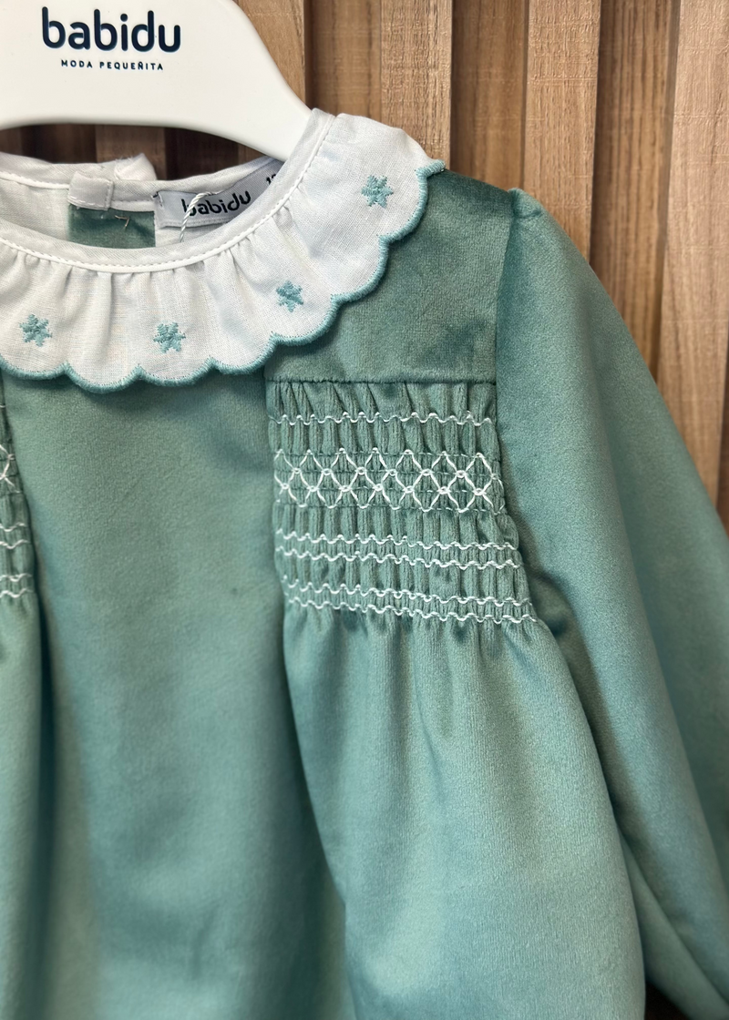 Girls Green Velvet Smocked Dress with Collar
