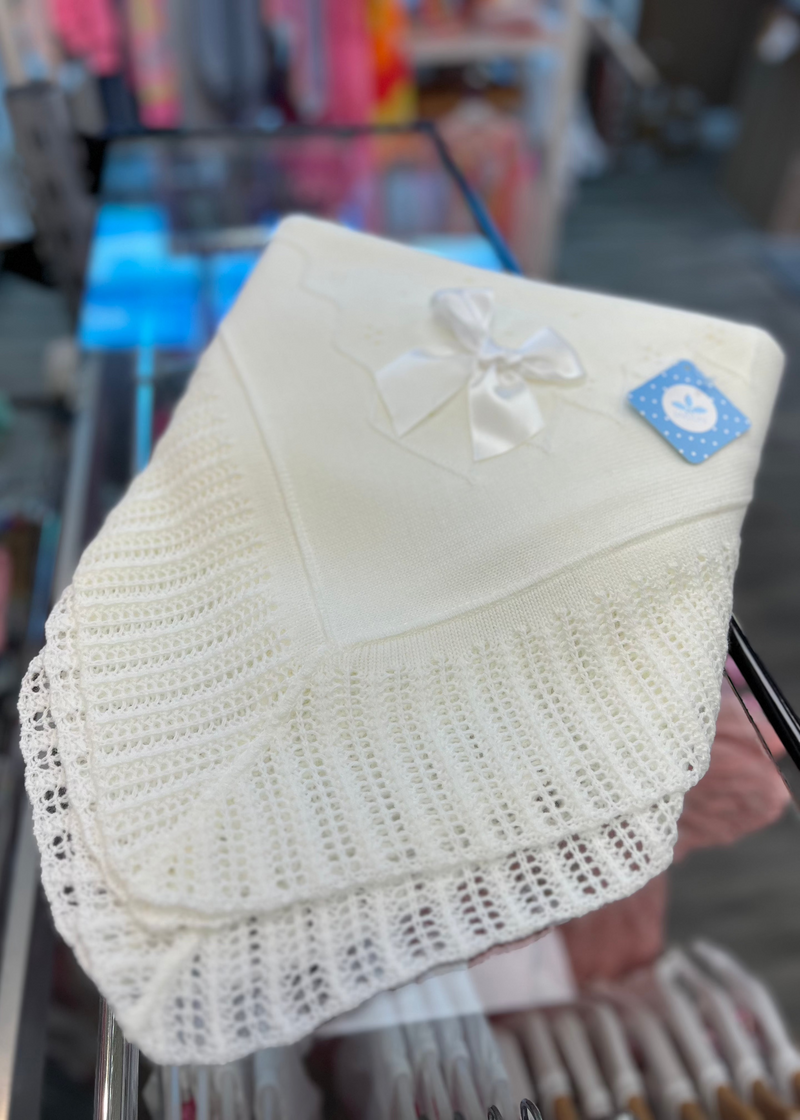 White Knitted Christening Baby Blanket Shawl