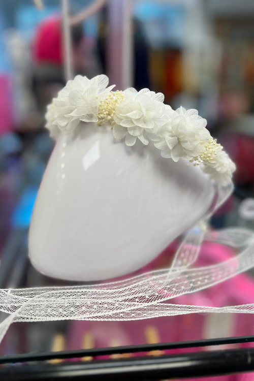 WHITE Lili Headband with Flowers, Dried Flowers & Ribbons