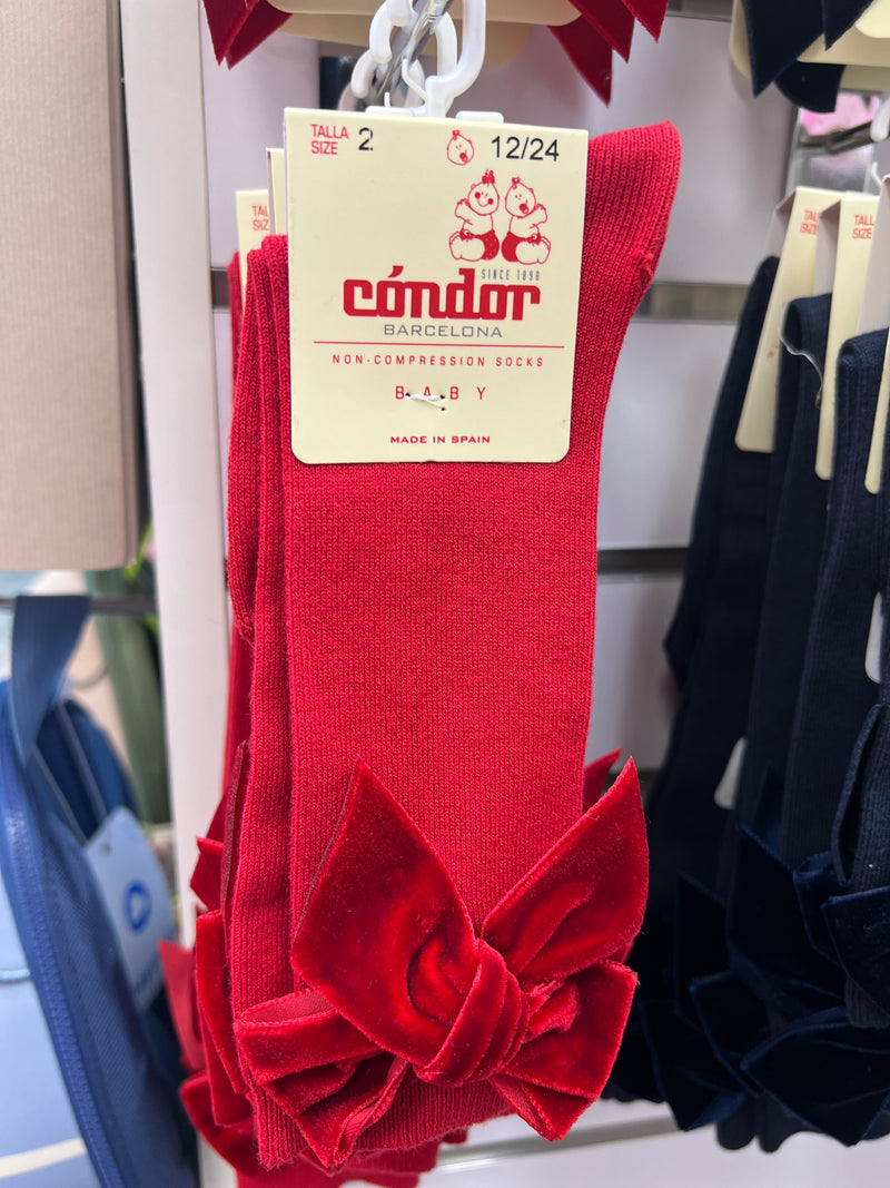 RED Cotton Knee Socks With Velvet Bow  (Condor) (A/W)