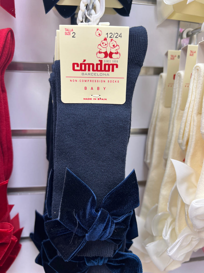 NAVY Cotton Knee Socks With Side Velvet Bow  (Condor) (A/W)