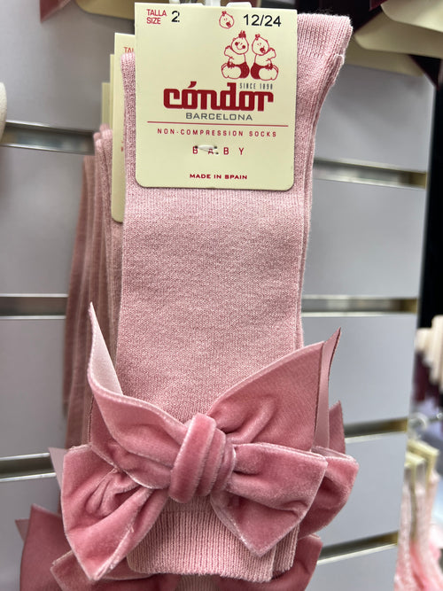 PALE PINK Cotton Knee Socks with Pink Velvet Bow (A/W)