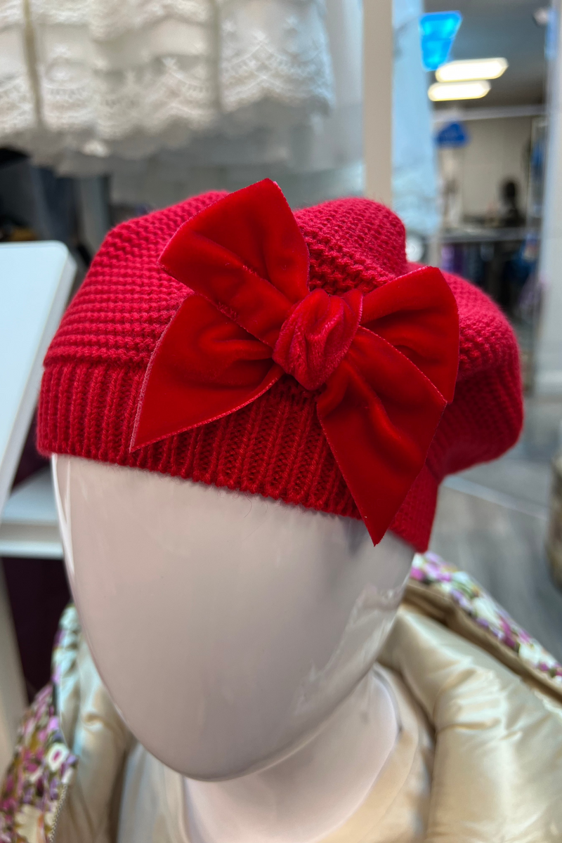 RED Garter Stitch Beret With Velvet Bow  (Condor)