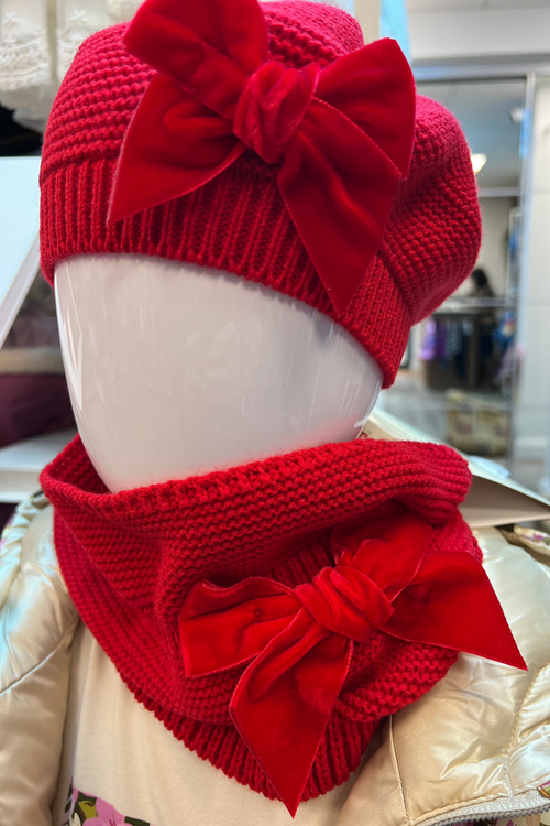 RED Garter Stitch Snood Scarf With Big Velvet Bow