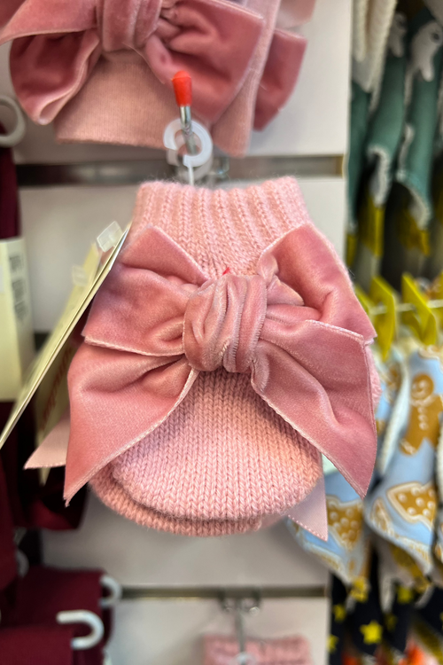 PALE PINK One-finger Mittens With Velvet Bow