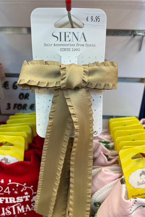 Beige Long Pleated Ribbon Bow with Pin