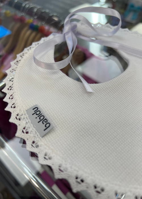 WHITE Round Baby Bib with Lace Trim