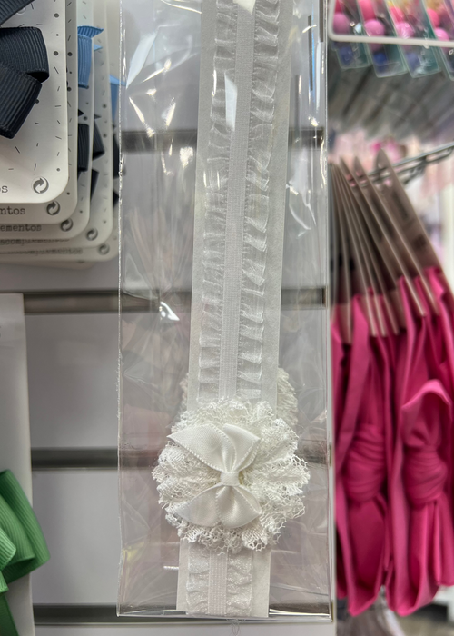 Off-White Baby Headband with Satin Bow and Lace Flower