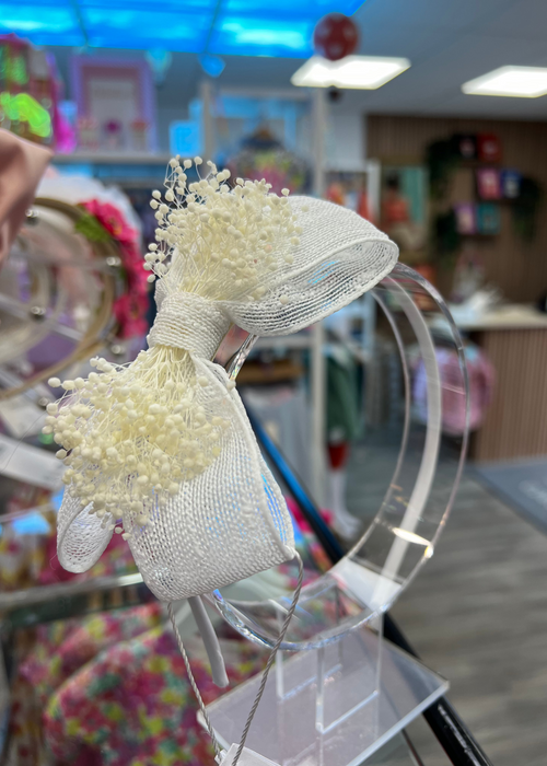 WHITE Headband with Raffia Bow & Dried Flowers