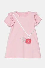 Girls' Pink Ruffle Sleeve Dress with Handbag Print