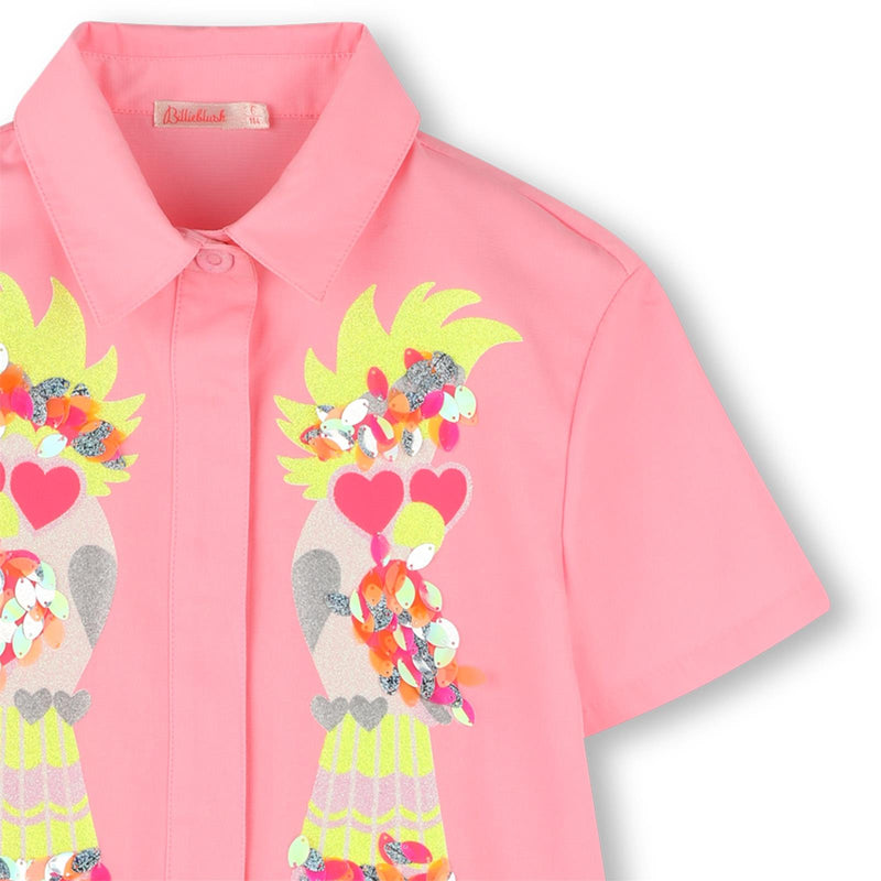 Girls Pink Shirt Dress With Sequin Parrot Design