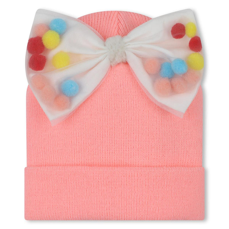 Baby Girl Pink Beanie with Bow and Pom Poms