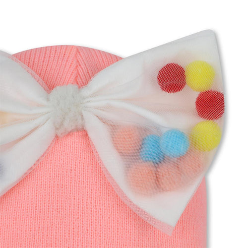 Baby Girl Pink Beanie with Bow and Pom Poms
