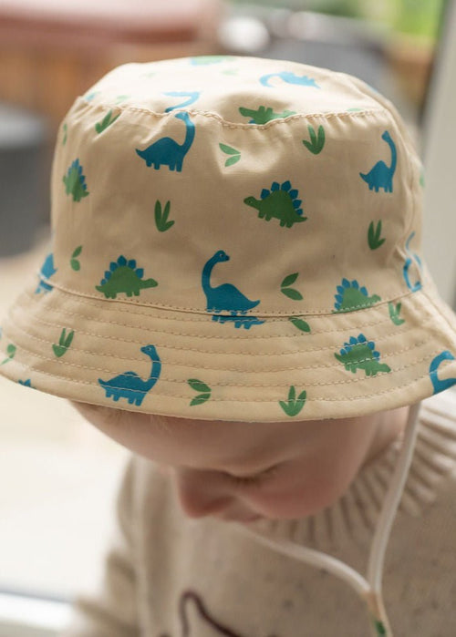 Baby Boy Beige Sun Hat With Blue & Green Dino Print