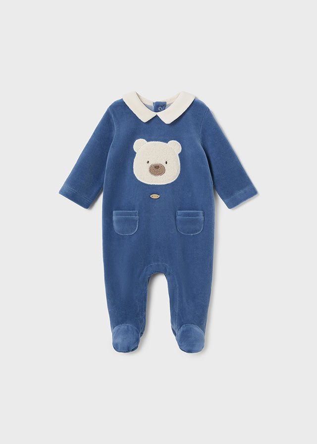 Baby Boy Blue Velour Babygrow Bear Applique (Mayoral)