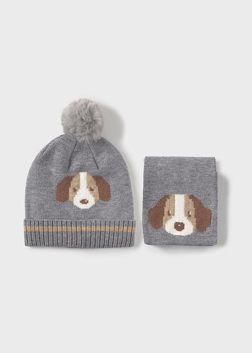 Baby Boy Grey Dog Knit Hat & Scarf Set