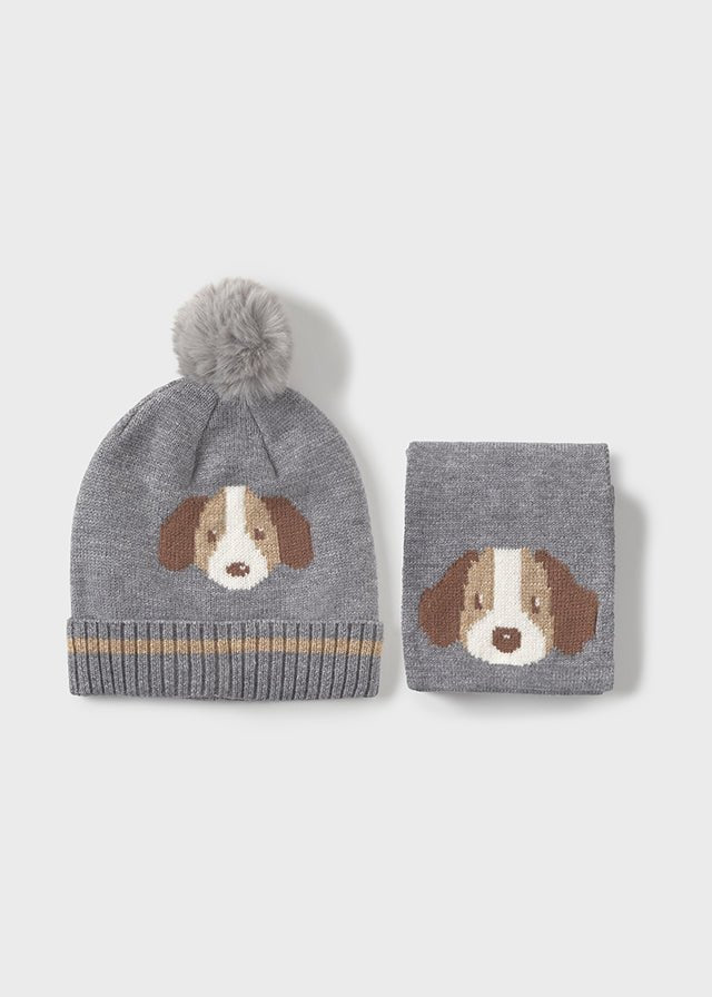 Baby Boy Grey Dog Knit Hat & Scarf Set