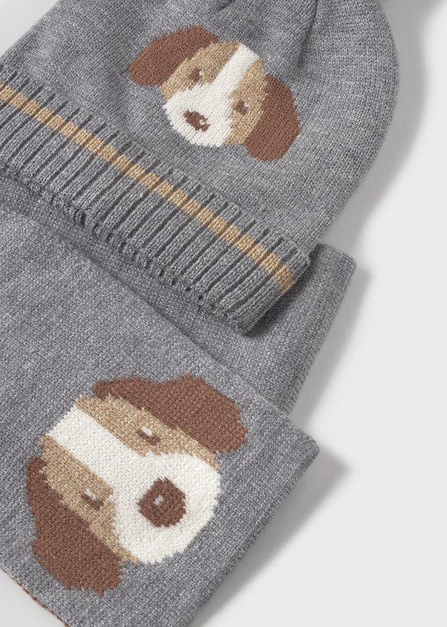 Baby Boy Grey Dog Knit Hat & Scarf Set