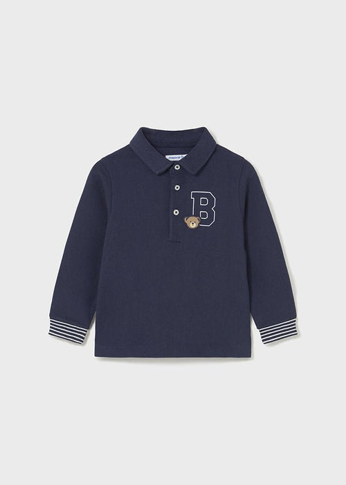 Baby Boy Navy Polo Top With Bear Detail