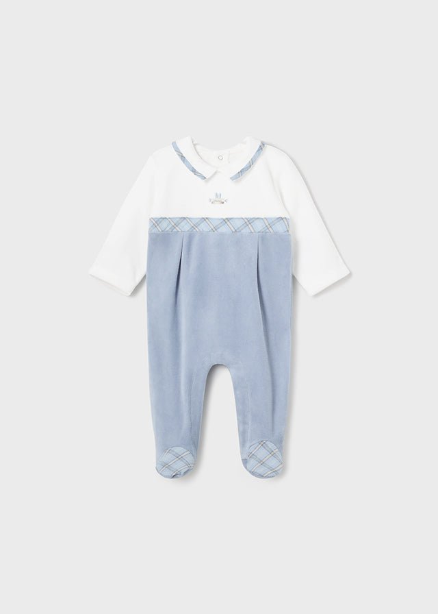 Baby Boy Velour Sleepsuit with Plaid Trim