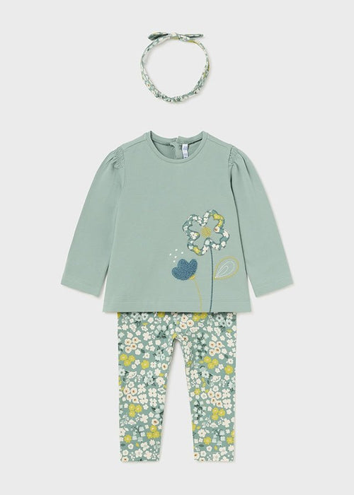 Baby Girl 3 - Piece Green Top, Floral Leggings & Headband Set (Mayoral)