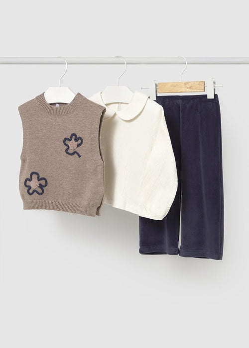 Baby Girl 3 - Piece Velvet Trousers Set with Embroidered Vest