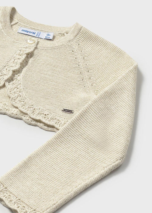 Baby Girl Beige Light Gold Knit Cardigan with Lace Trim