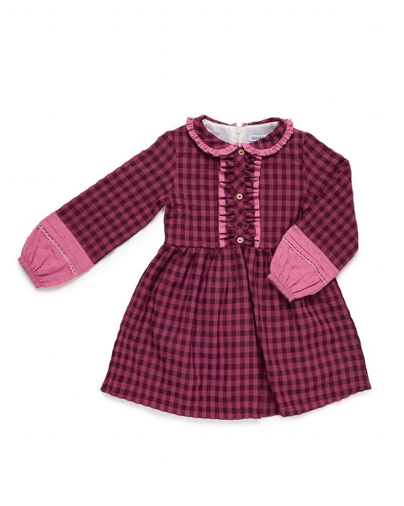 Baby Girl Checked Cotton Dress With Ruffle Front