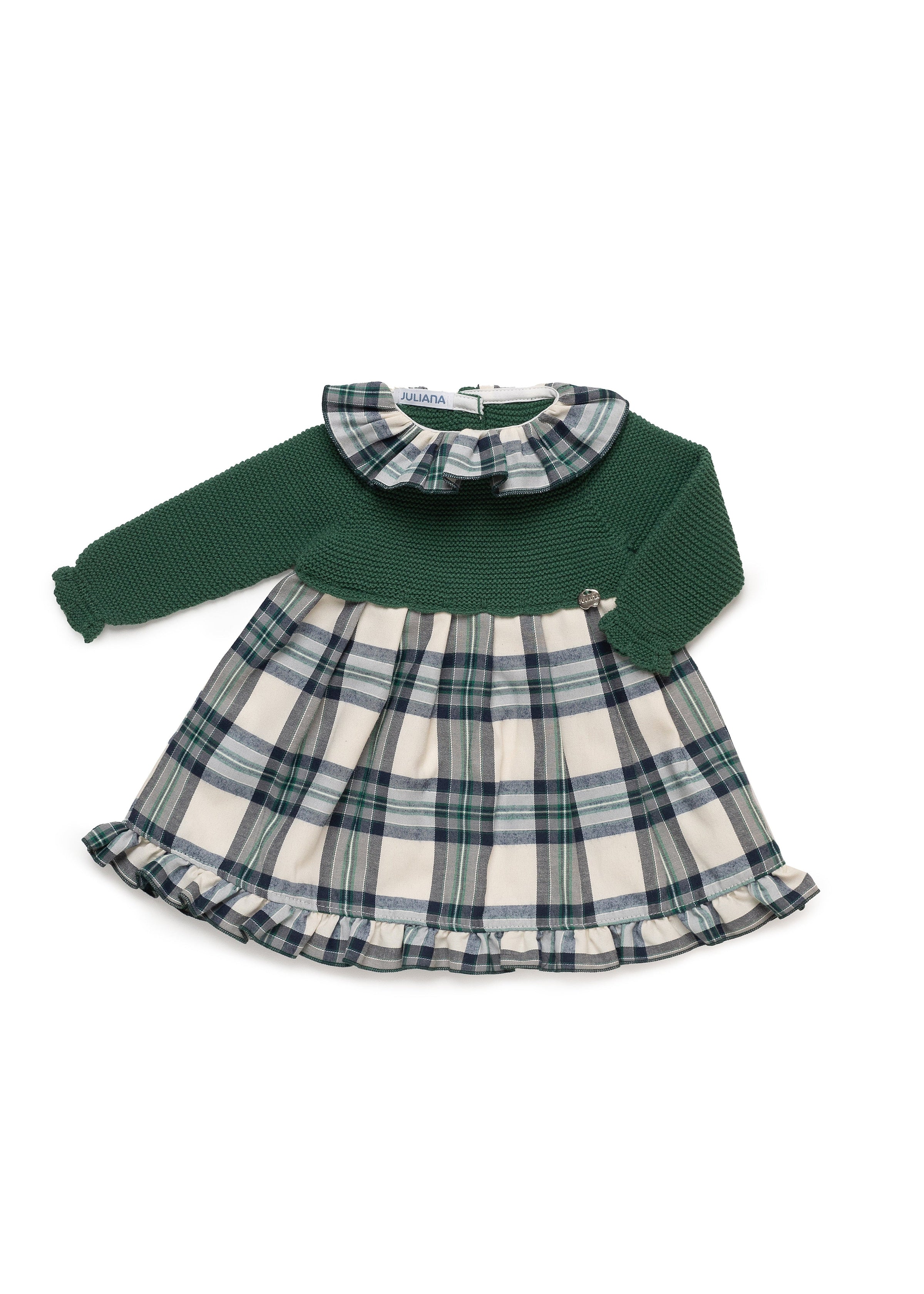 Baby Girl Green Knit Dress With Check Skirt – - Main Image
