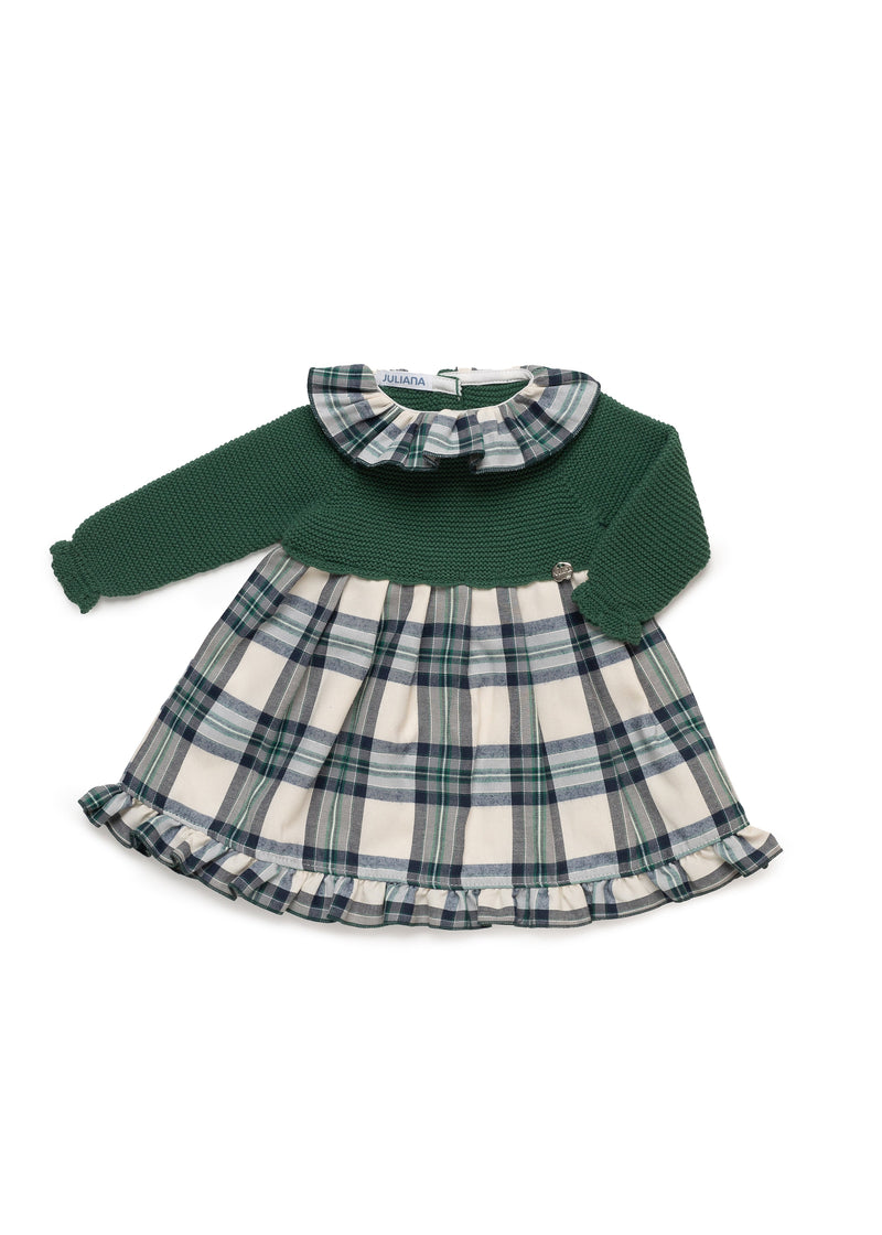 Baby Girl Green Knit Dress With Check Skirt