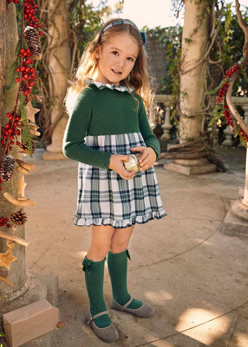 Baby Girl Green Knit Dress With Check Skirt