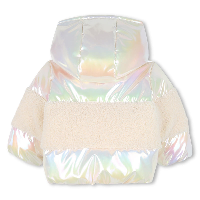 Baby Girl Iridescent Hooded Puffer Jacket with Shearling Trim