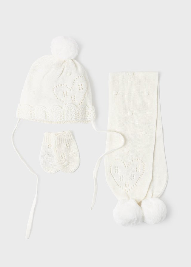 Baby Girl Ivory Hat, Scarf Mittens Piece Set –1
