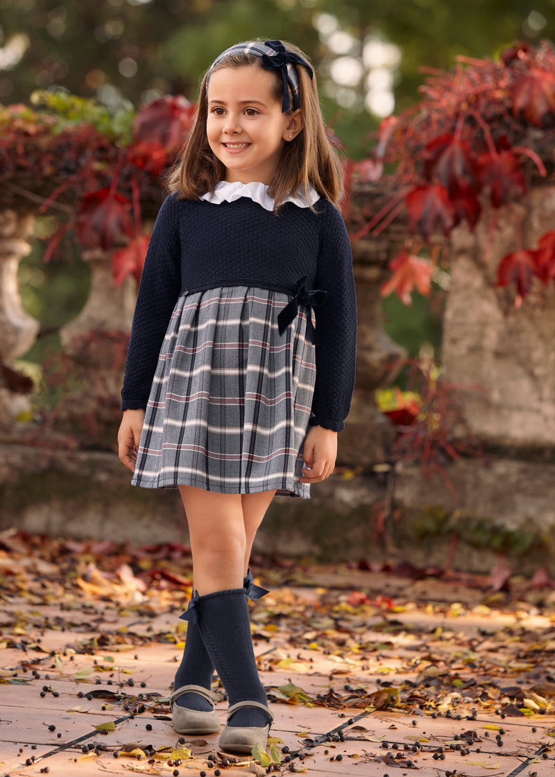Baby Girl Knitted Body Checked Navy Dress