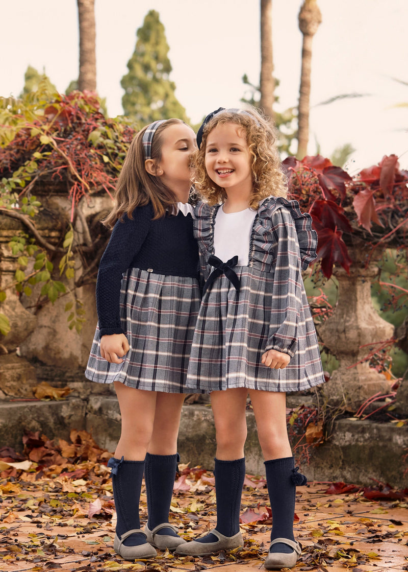 Baby Girl Knitted Body Checked Navy Dress –