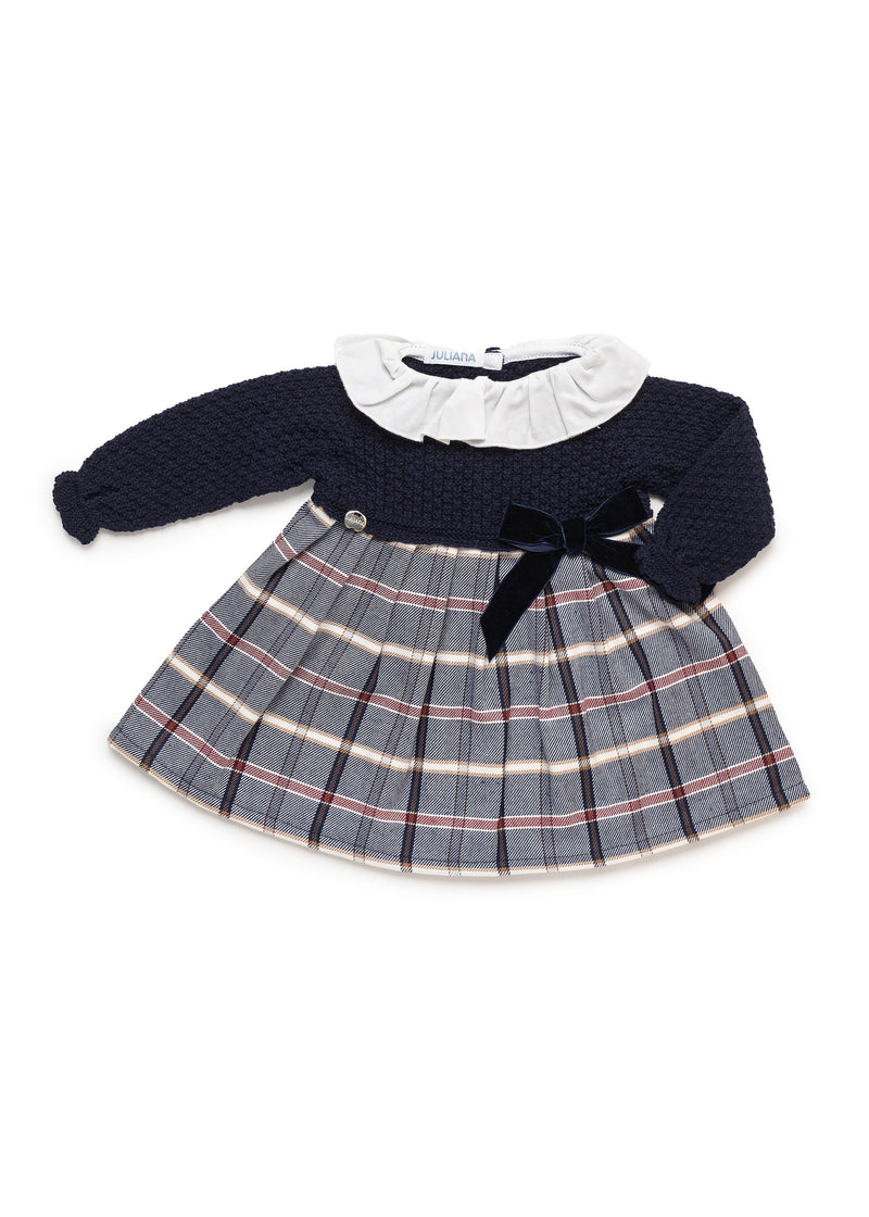 Baby Girl Knitted Body Checked Navy Dress