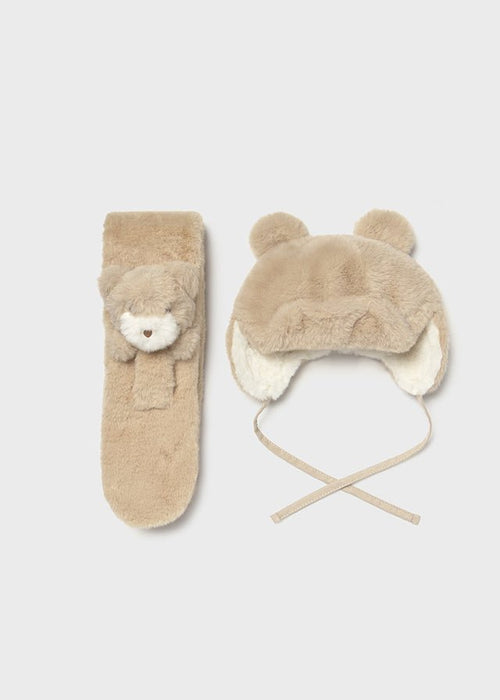 Baby Girl Light Beige Fur Hat & Scarf Set