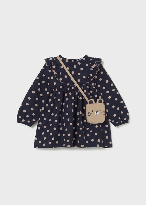 Baby Girl Navy Polka Dot Dress With Bunny Bag