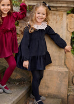 Baby Girl Navy Velvet Dress With Lace Ruffle Collar