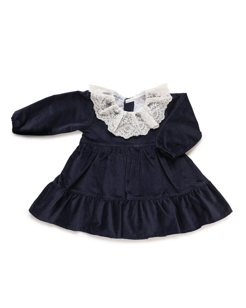 Baby Girl Navy Velvet Dress With Lace Ruffle Collar