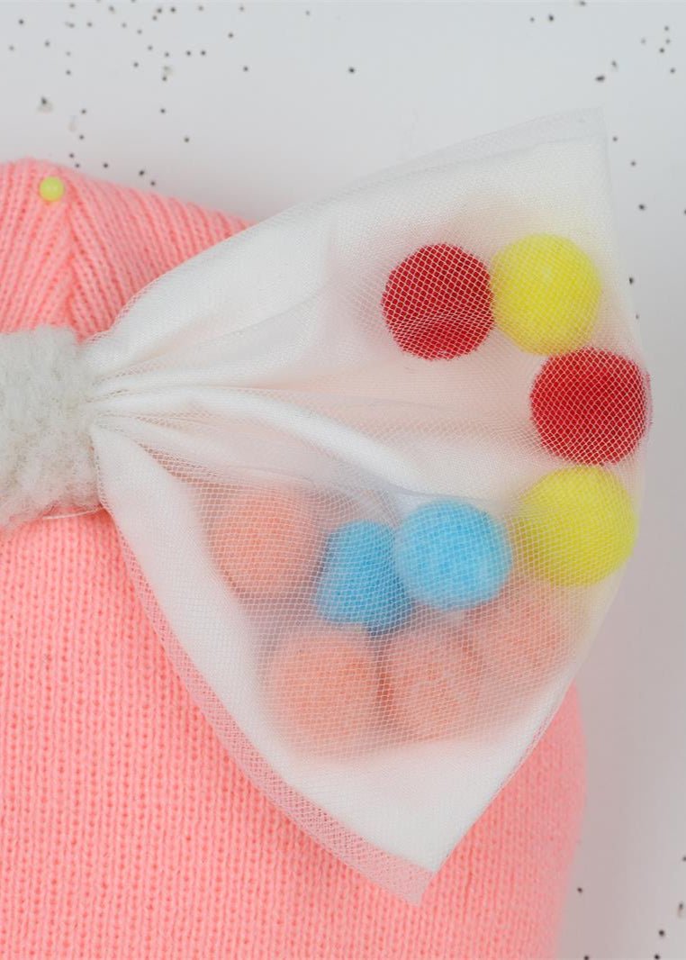 Baby Girl Pink Beanie with Bow and Pom Poms