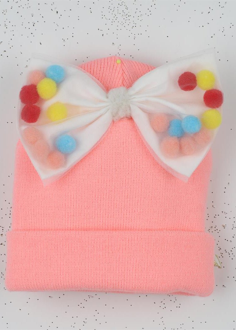 Baby Girl Pink Beanie with Bow and Pom Poms