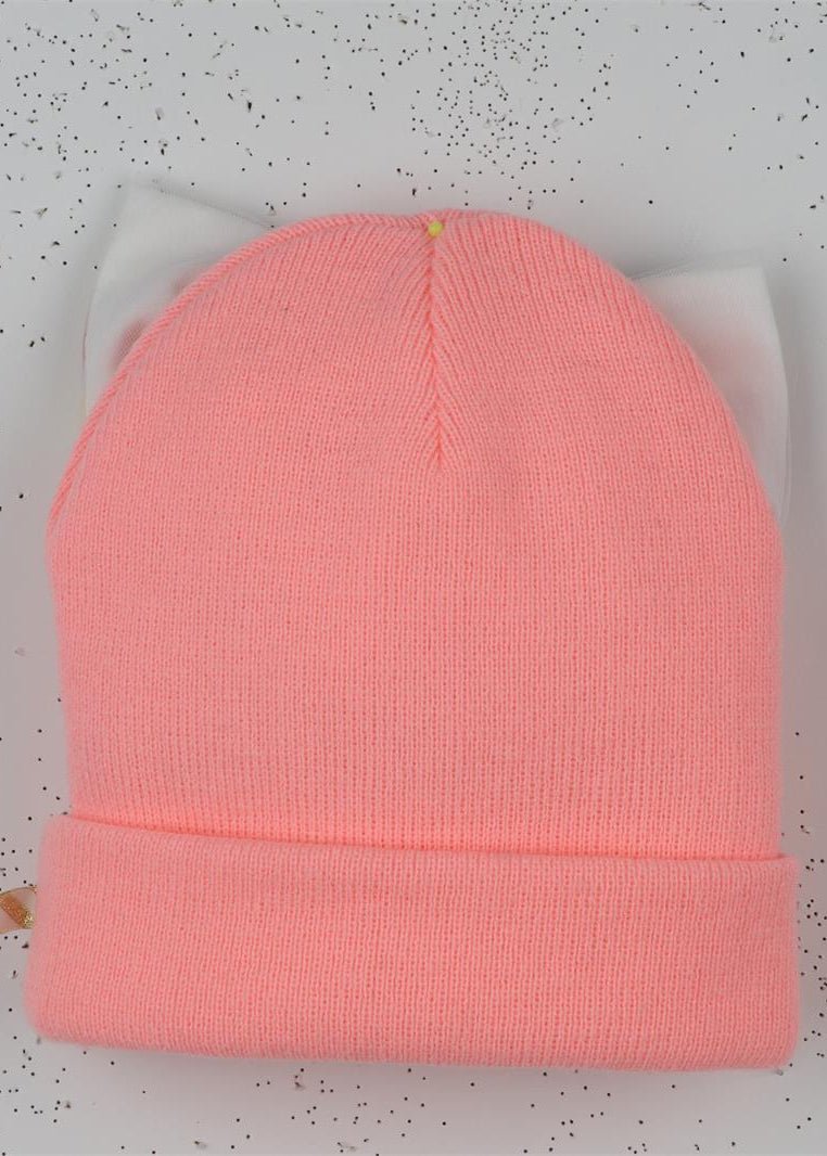Baby Girl Pink Beanie with Bow and Pom Poms