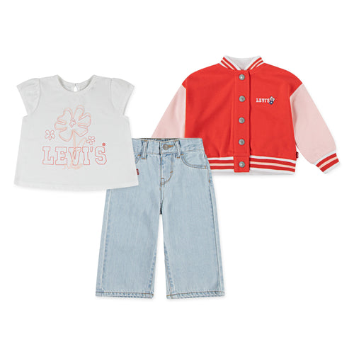 Baby Girl Red Bomber Jacket, White Tee & Denim Jeans Set