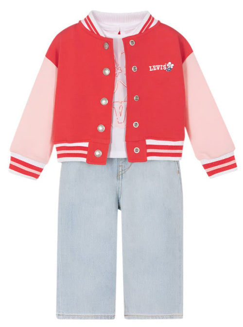 Baby Girl Red Bomber Jacket, White Tee & Denim Jeans Set