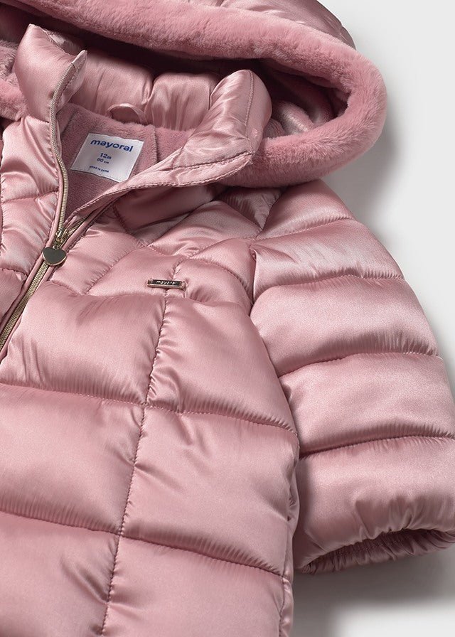 Baby Girl Rose Pink Long Coat with Faux Fur Trim