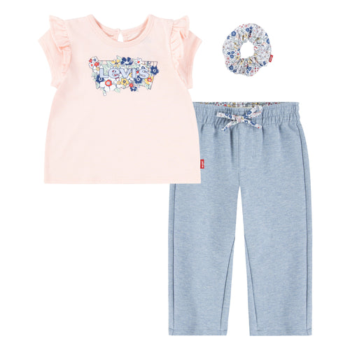 Baby Girl Ruffle Shoulder Top & Pants Set with Scrunchie